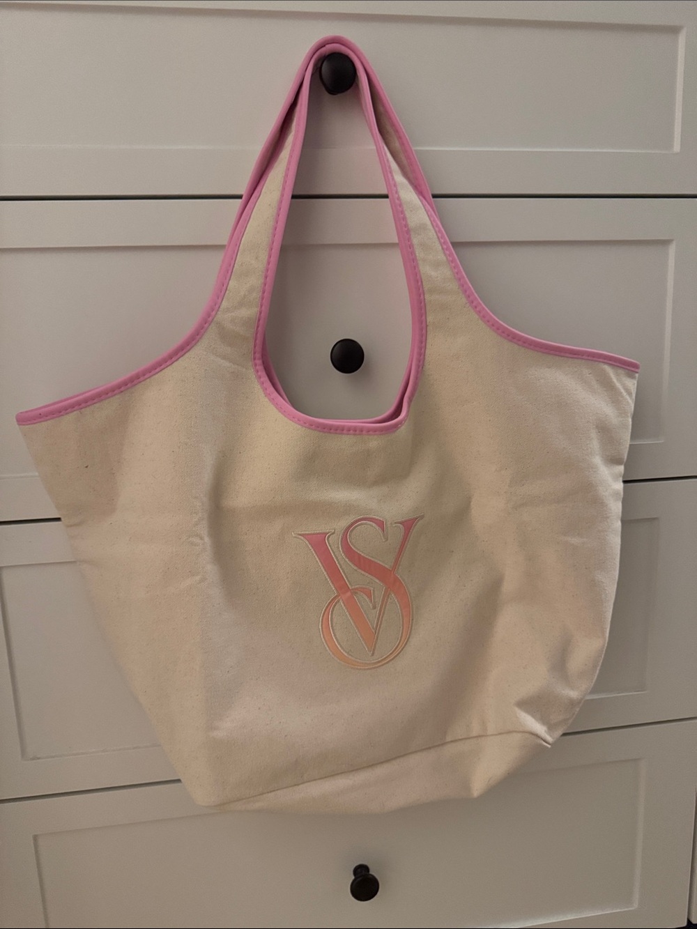 Victoria's Secret Cream Canvas Tote with Pink Trim
